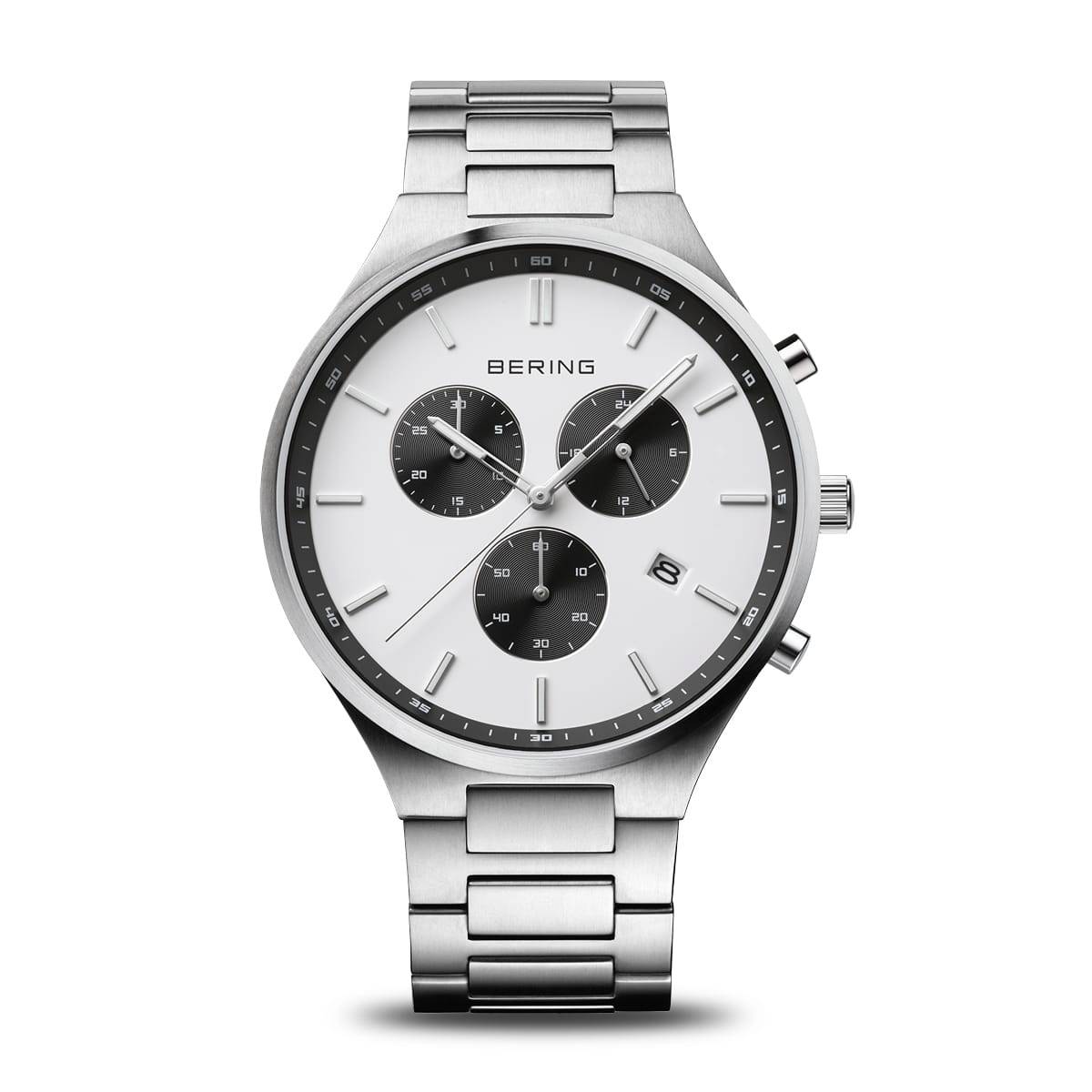 Cronografo da uomo Bering 11743-704 Titanium con quadrante bianco, finitura spazzolata e bracciale in titanio