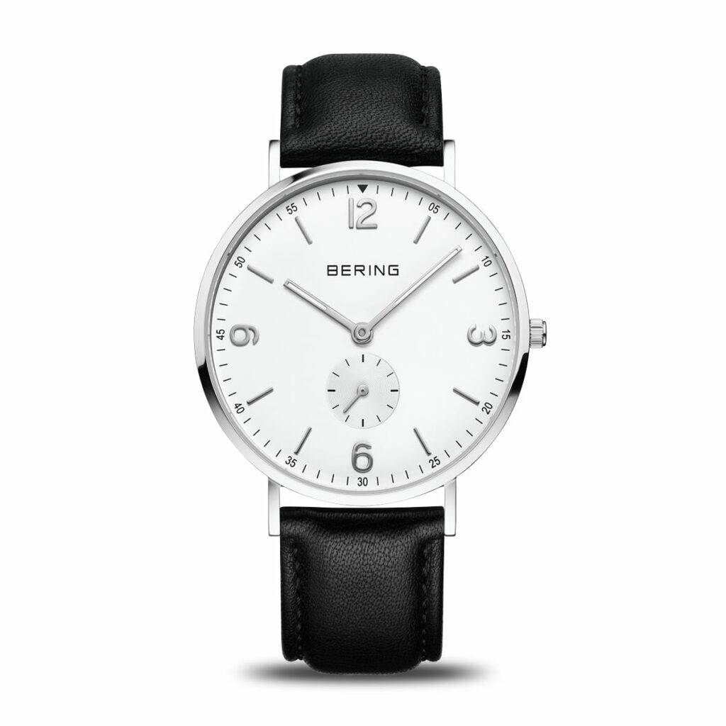 Orologio da uomo Bering 14040-404 Classic Small Seconds con quadrante bianco sunray e cinturino in pelle nera