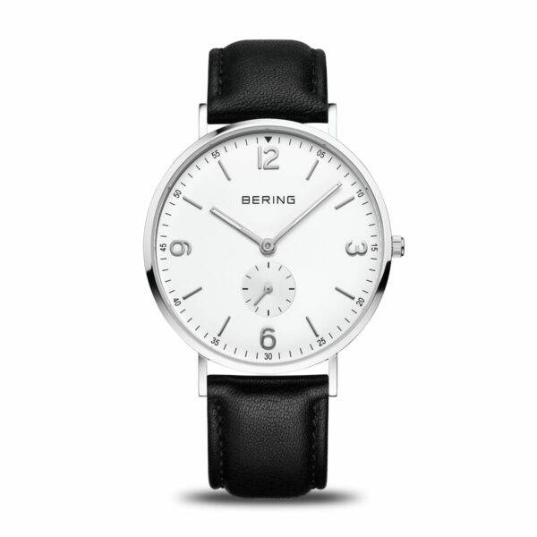 Orologio da uomo Bering 14040-404 Classic Small Seconds con quadrante bianco sunray e cinturino in pelle nera