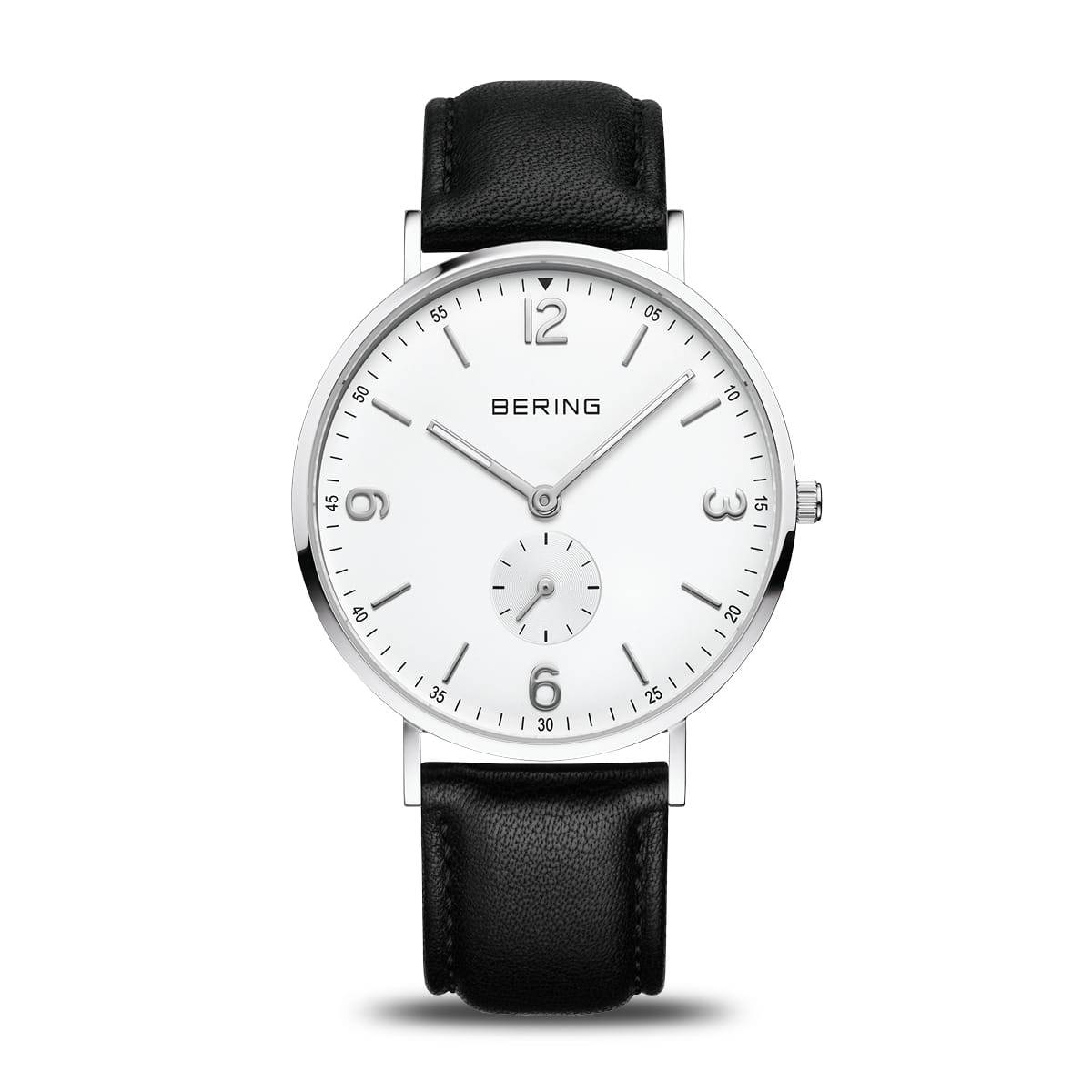 Orologio da uomo Bering 14040-404 Classic Small Seconds con quadrante bianco sunray e cinturino in pelle nera