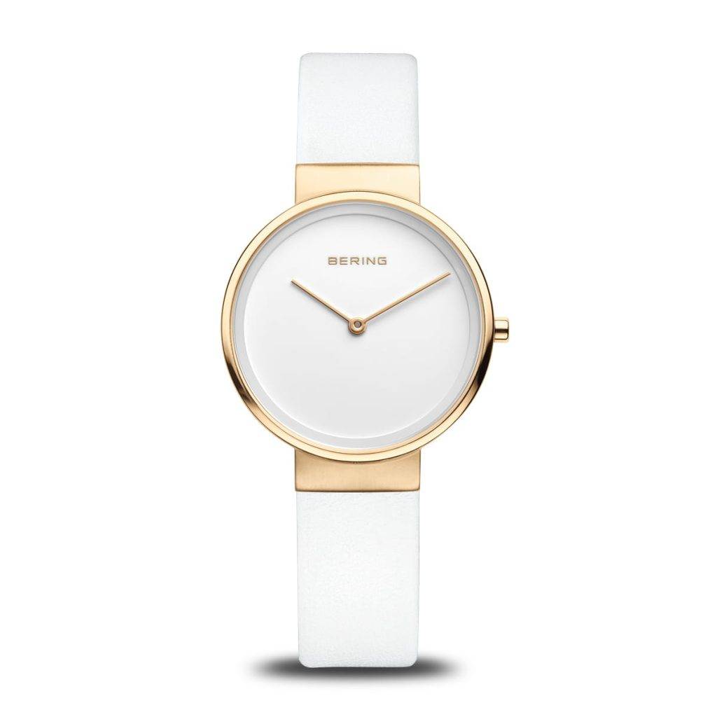 Orologio da donna Bering 14531-634 Classic Polished Gold con quadrante bianco, vetro zaffiro e cinturino in pelle