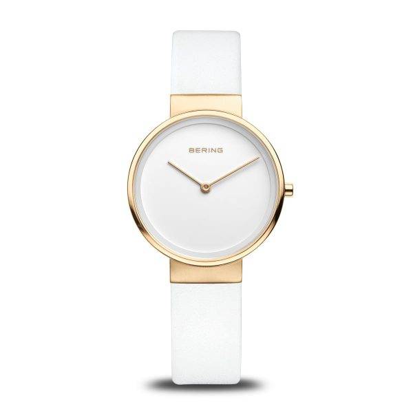 Orologio da donna Bering 14531-634 Classic Polished Gold con quadrante bianco, vetro zaffiro e cinturino in pelle