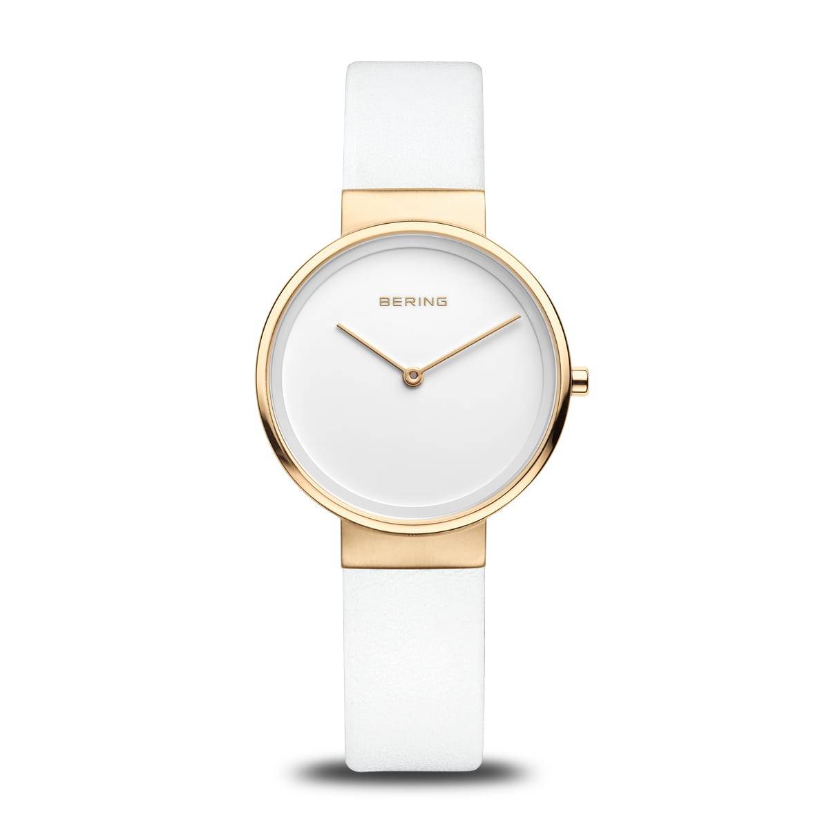 Orologio da donna Bering 14531-634 Classic Polished Gold con quadrante bianco, vetro zaffiro e cinturino in pelle