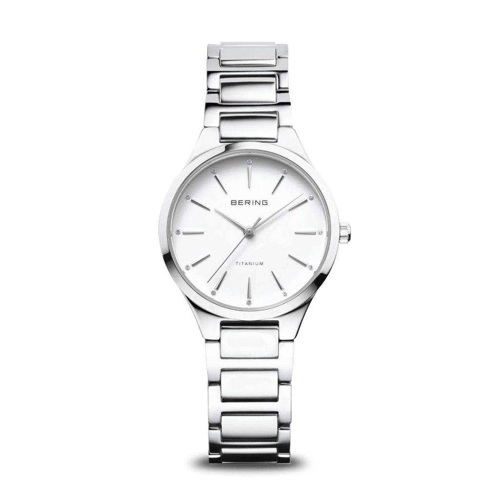 Orologio da donna Bering 15630-704 Titanium con quadrante bianco, cristalli decorativi e bracciale in titanio
