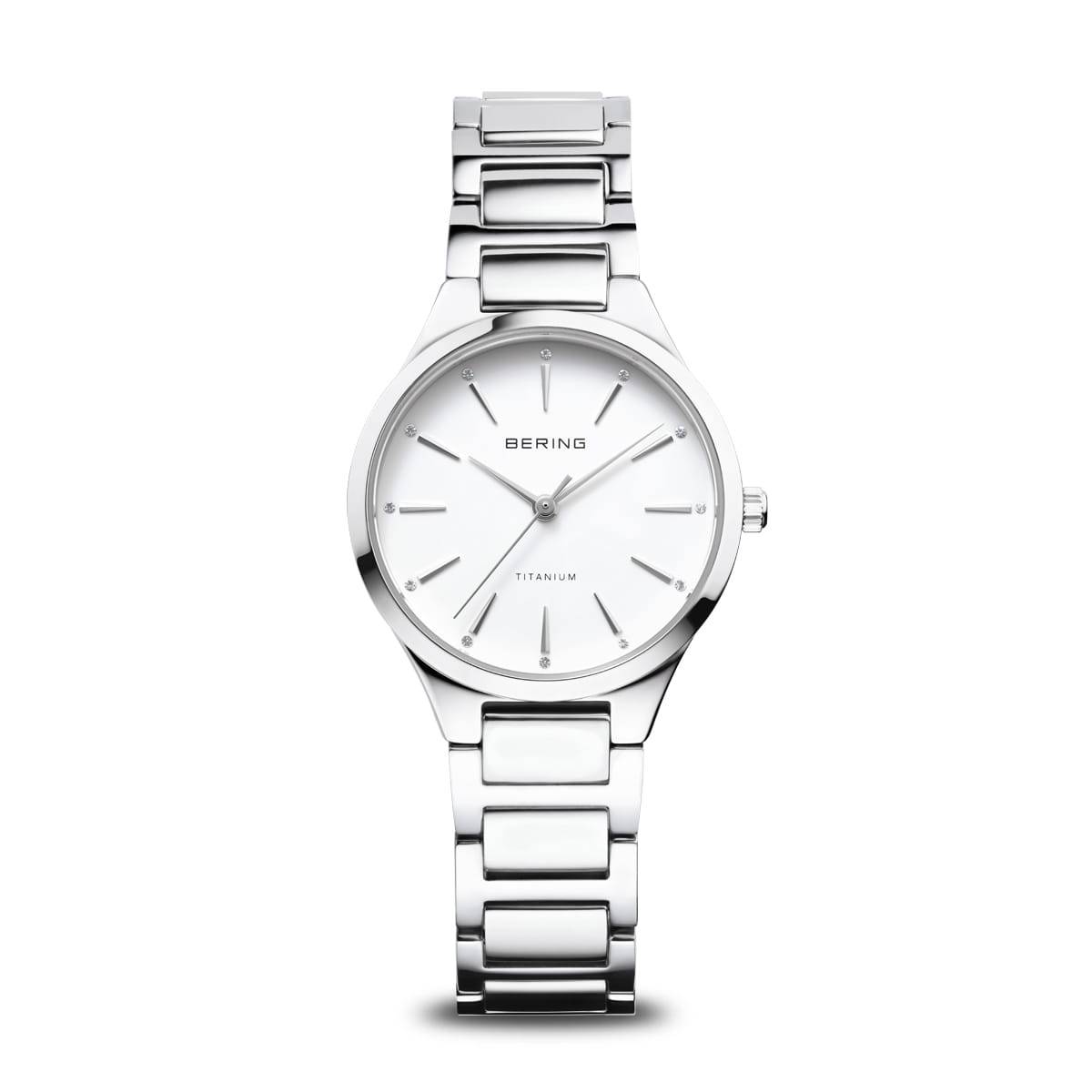 Orologio da donna Bering 15630-704 Titanium con quadrante bianco, cristalli decorativi e bracciale in titanio