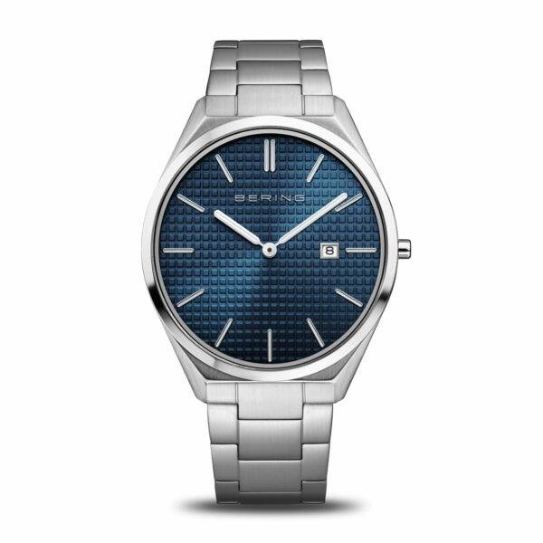 Orologio da uomo Bering 17240-707 Ultra Slim con cassa ultra piatta, quadrante blu strutturato e bracciale in acciaio spazzolato