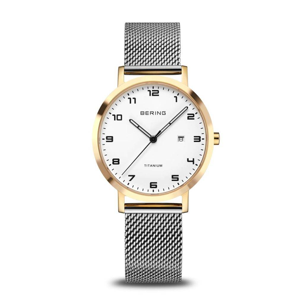 Orologio da donna Bering 18634-010 Titanium con bracciale maglia milanese dorata, quadrante bianco e datario