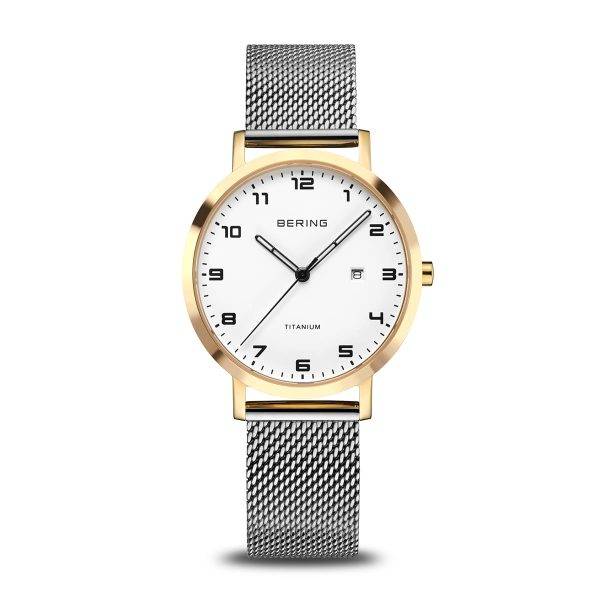 Orologio da donna Bering 18634-010 Titanium con bracciale maglia milanese dorata, quadrante bianco e datario