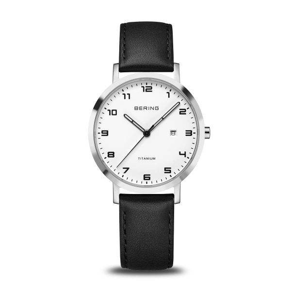 Orologio da donna Bering 18634-404 Titanium con cinturino in pelle nera, quadrante bianco e datario