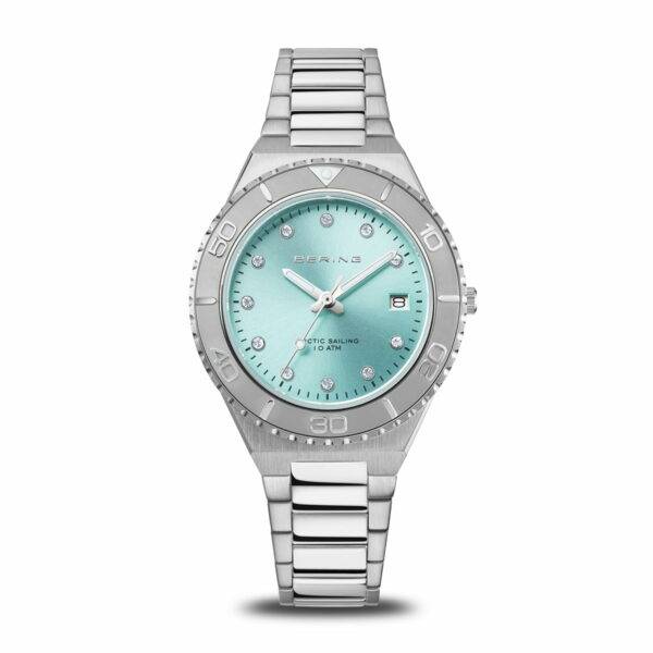 Orologio da donna Bering 18936-707 Classic in acciaio con quadrante blu ghiaccio sunray e indici a cristallo