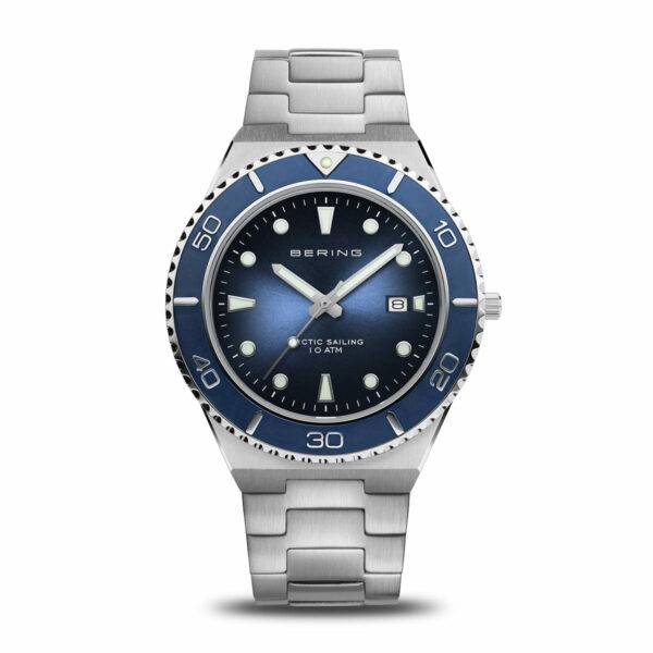 Orologio da uomo Bering 18940-707 Classic con quadrante blu sunray, indici a cristallo e bracciale in acciaio