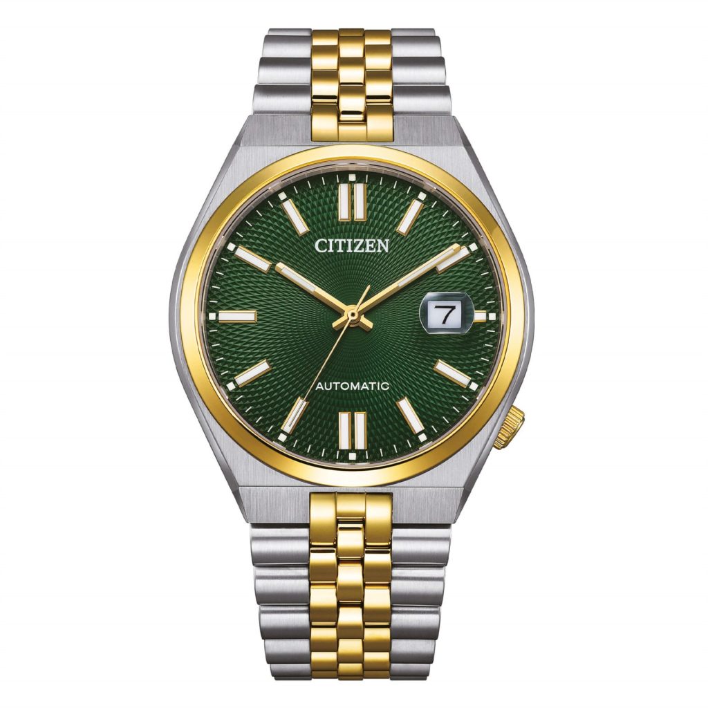 Orologio automatico Citizen NK0024-54X con quadrante verde a raggiera, ghiera e bracciale bitono acciaio e oro.