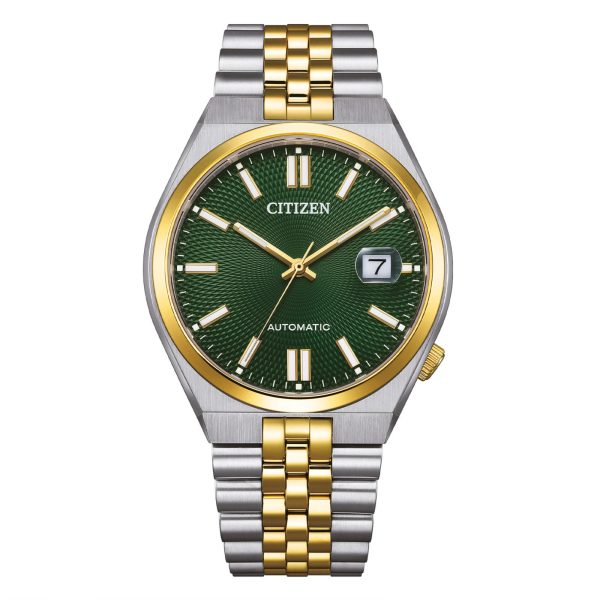 Orologio automatico Citizen NK0024-54X con quadrante verde a raggiera, ghiera e bracciale bitono acciaio e oro.