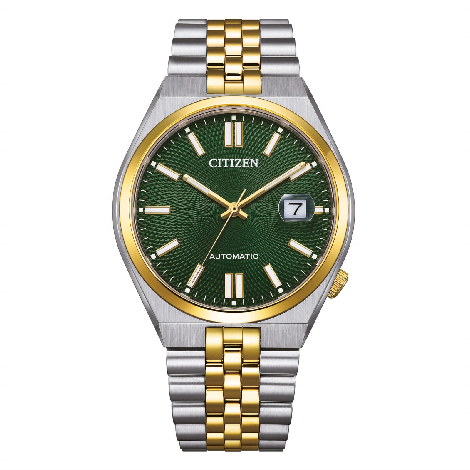 Orologio automatico Citizen NK0024-54X con quadrante verde a raggiera, ghiera e bracciale bitono acciaio e oro.