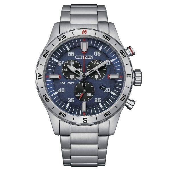 Orologio cronografo Citizen AT2520-89L Eco-Drive con quadrante blu, bracciale in acciaio e datario