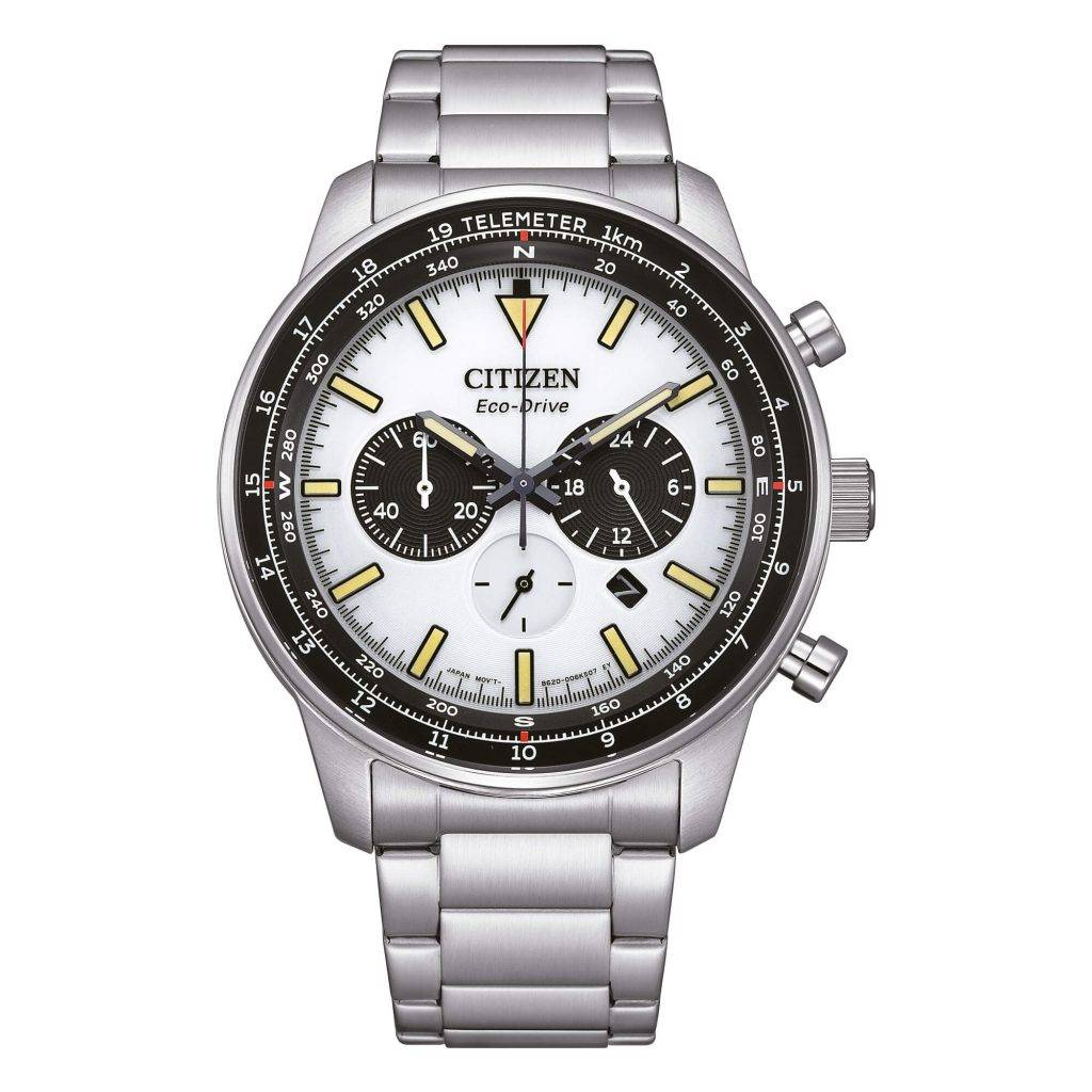 Orologio cronografo Citizen CA4500-91A Classic Eco-Drive con quadrante bianco, scala tachimetrica e bracciale in acciaio