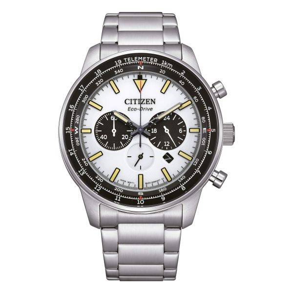 Orologio cronografo Citizen CA4500-91A Classic Eco-Drive con quadrante bianco, scala tachimetrica e bracciale in acciaio