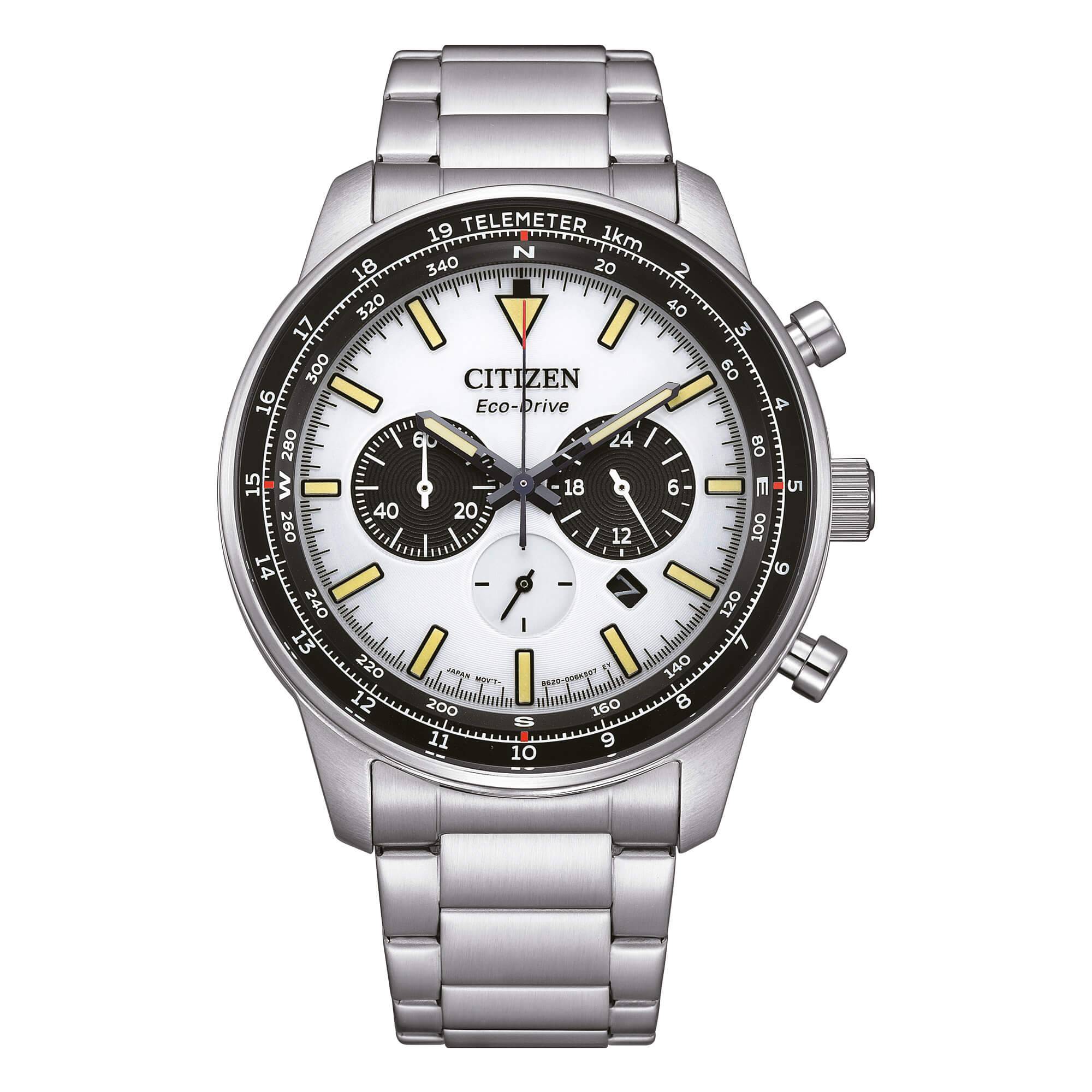 Orologio cronografo Citizen CA4500-91A Classic Eco-Drive con quadrante bianco, scala tachimetrica e bracciale in acciaio