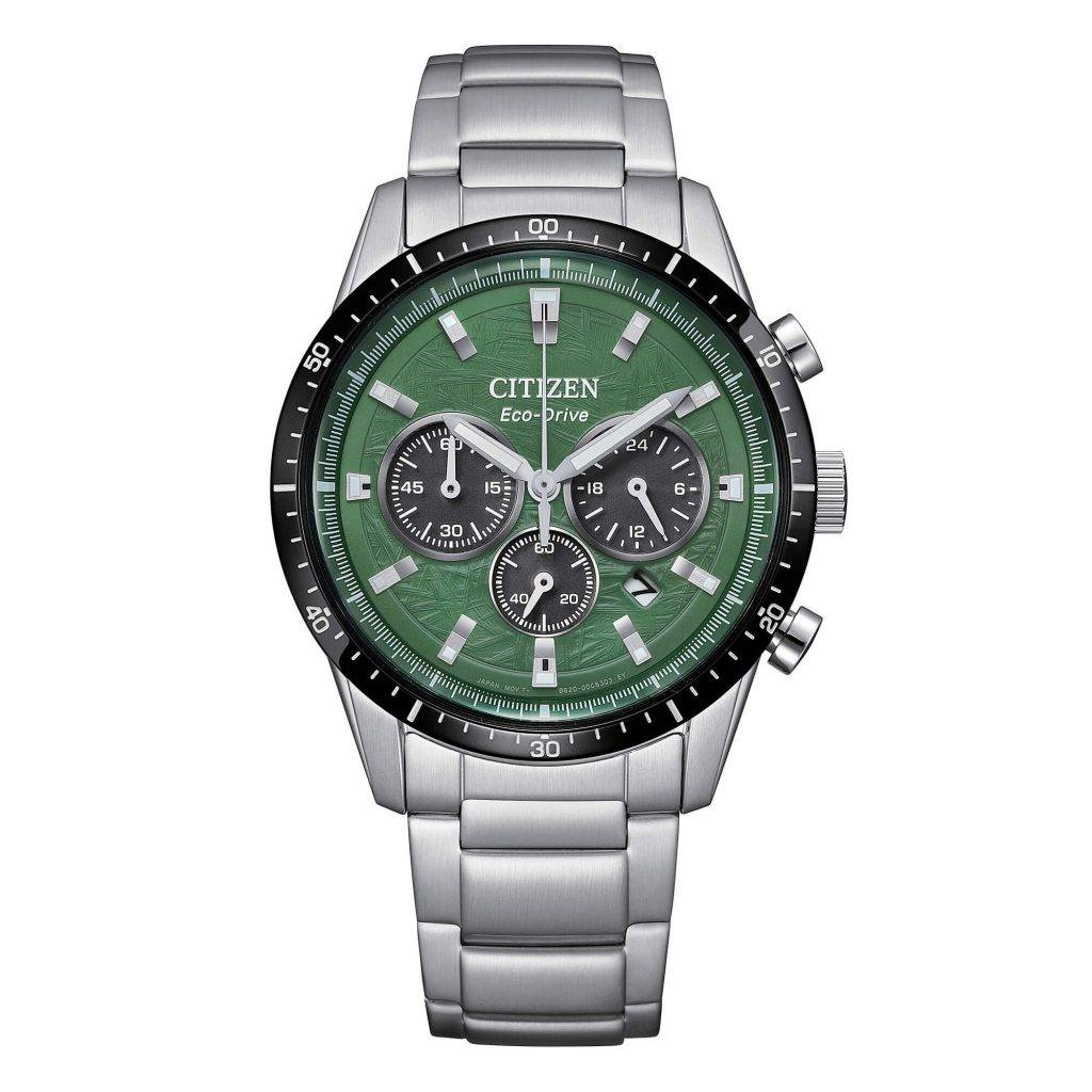 Orologio cronografo Citizen CA4624-56X Eco-Drive con quadrante verde sunray e bracciale in acciaio