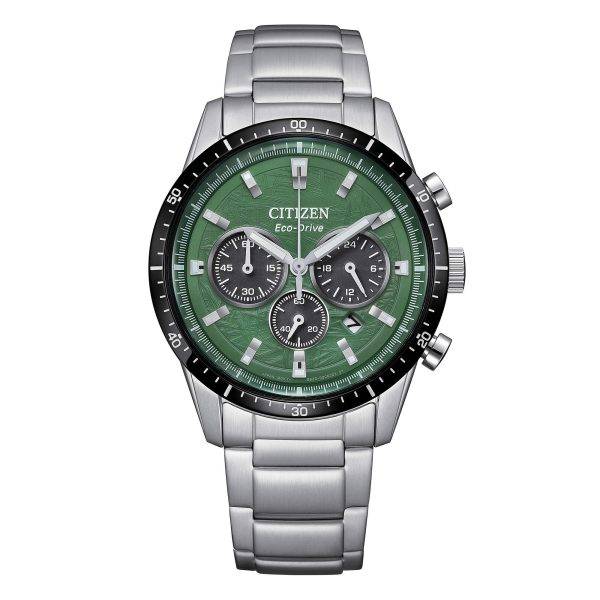 Orologio cronografo Citizen CA4624-56X Eco-Drive con quadrante verde sunray e bracciale in acciaio