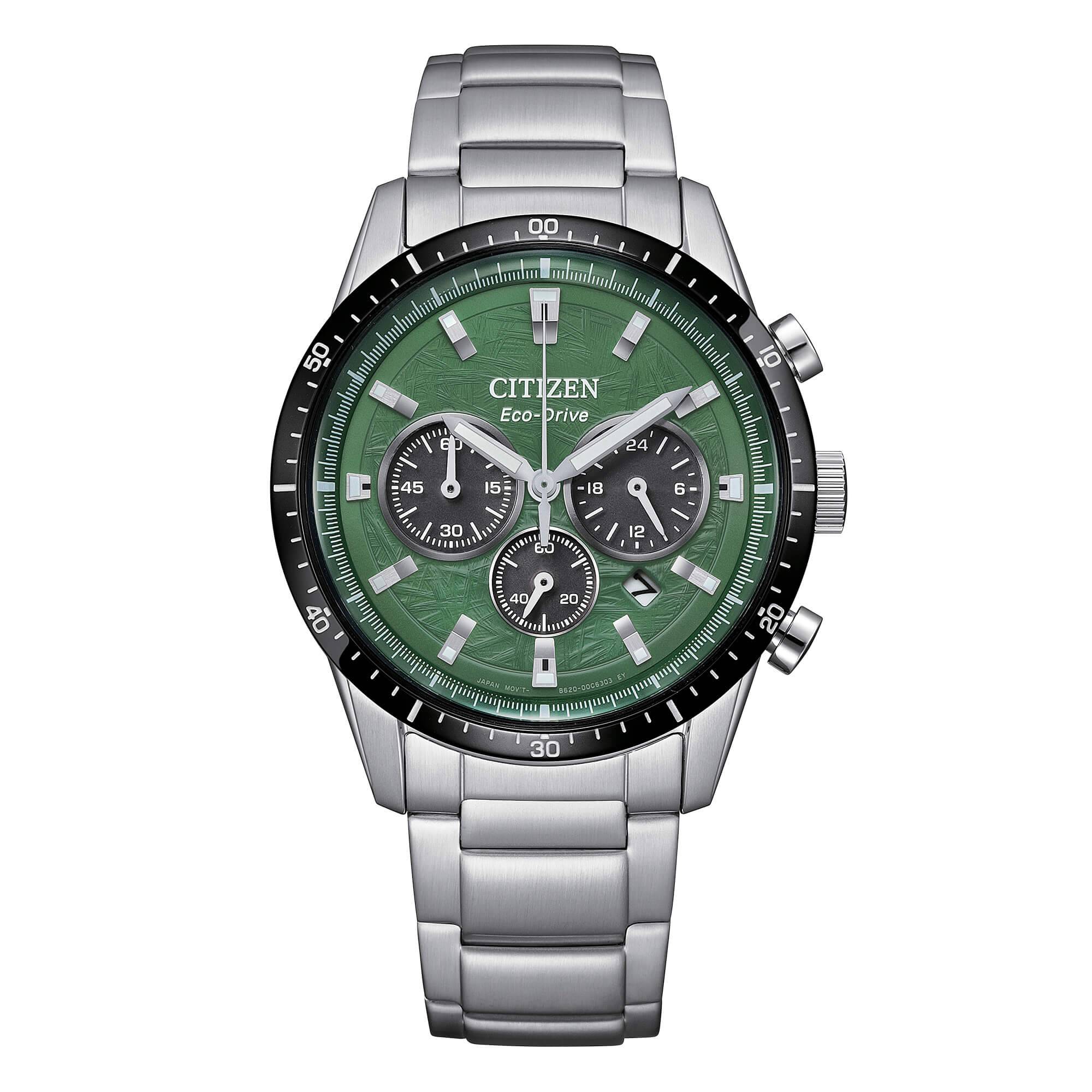 Orologio cronografo Citizen CA4624-56X Eco-Drive con quadrante verde sunray e bracciale in acciaio