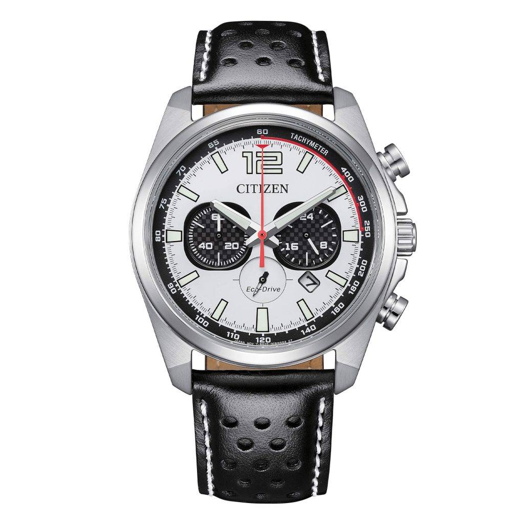 Orologio cronografo Citizen CA4640-09A Racing con quadrante bianco, cinturino in pelle nera e tecnologia Eco-Drive