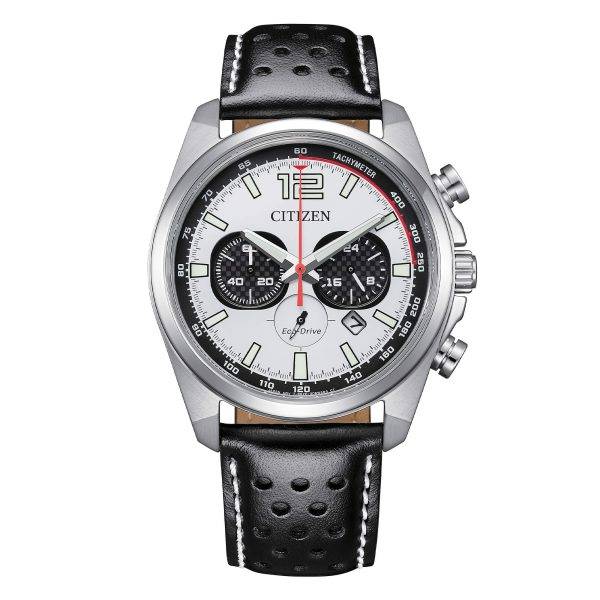 Orologio cronografo Citizen CA4640-09A Racing con quadrante bianco, cinturino in pelle nera e tecnologia Eco-Drive
