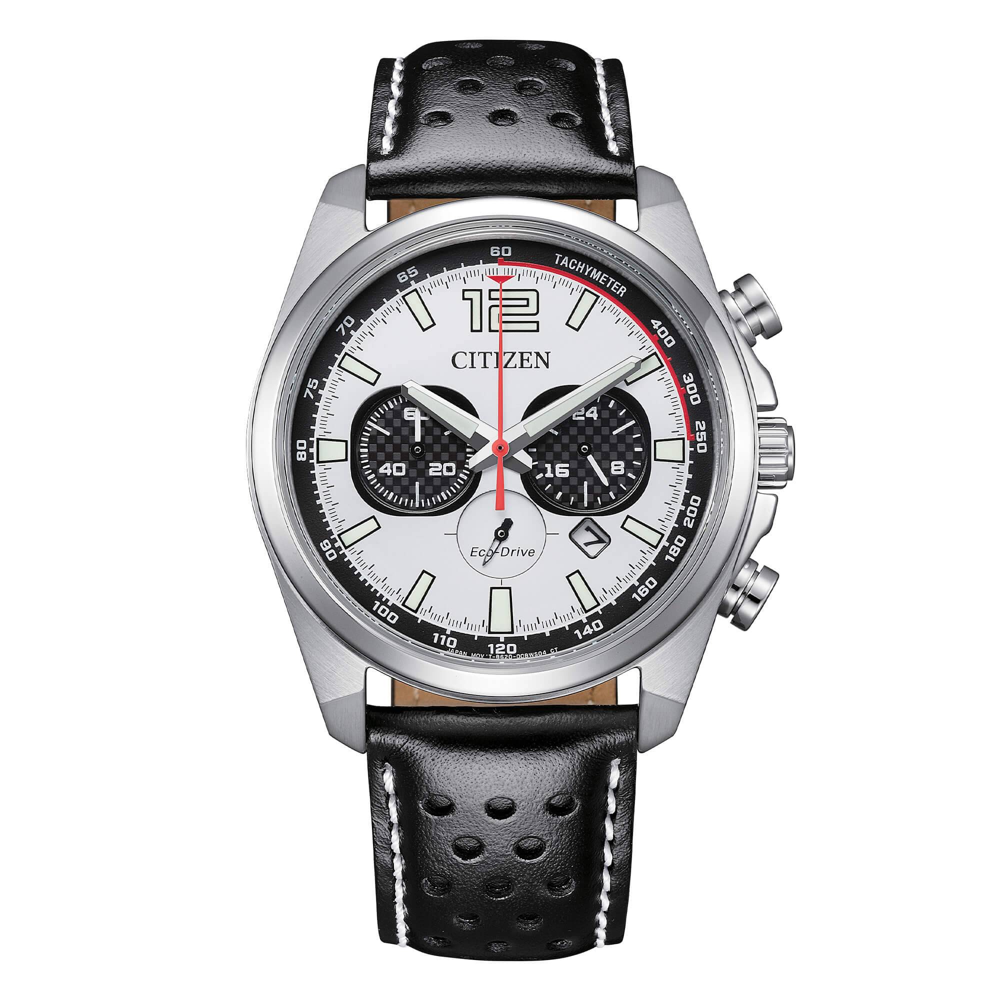 Orologio cronografo Citizen CA4640-09A Racing con quadrante bianco, cinturino in pelle nera e tecnologia Eco-Drive