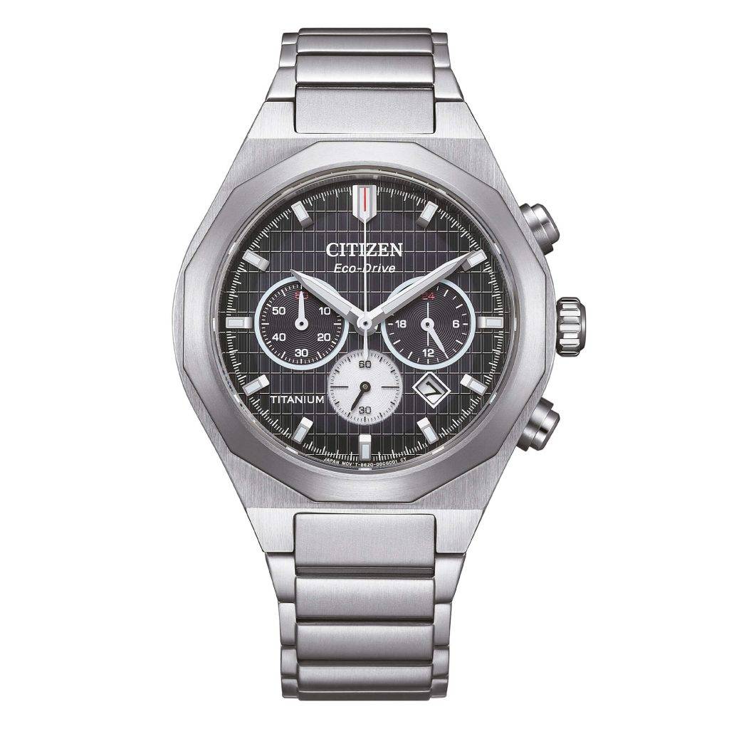 Orologio cronografo Citizen CA4690-51E in Super Titanium con quadrante nero a motivi geometrici e vetro zaffiro