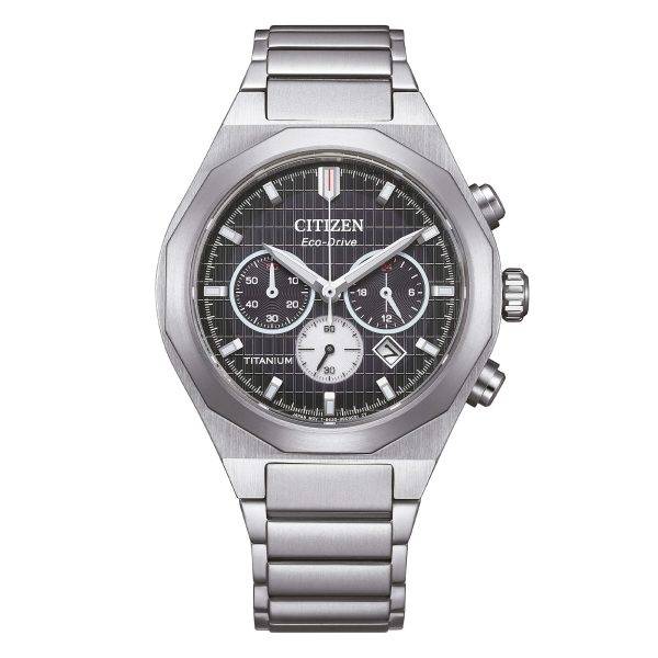 Orologio cronografo Citizen CA4690-51E in Super Titanium con quadrante nero a motivi geometrici e vetro zaffiro