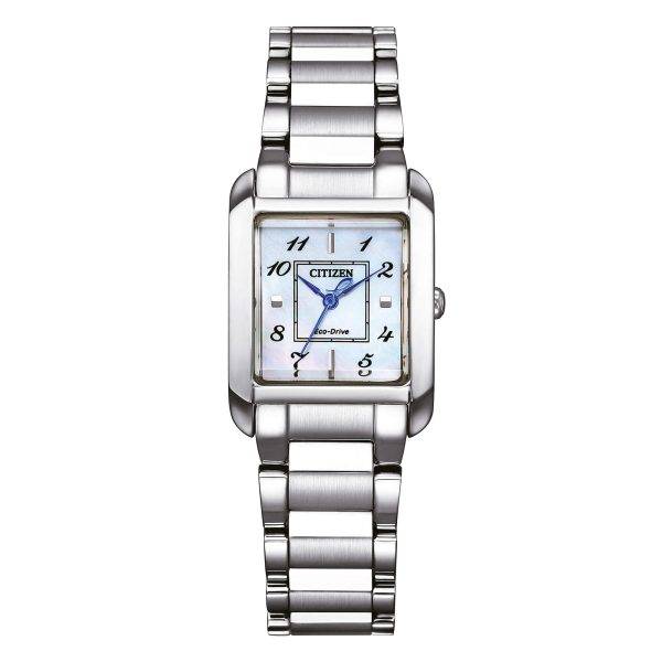 Orologio Citizen EW5600-87D da donna con cassa rettangolare e quadrante in madreperla bianca.