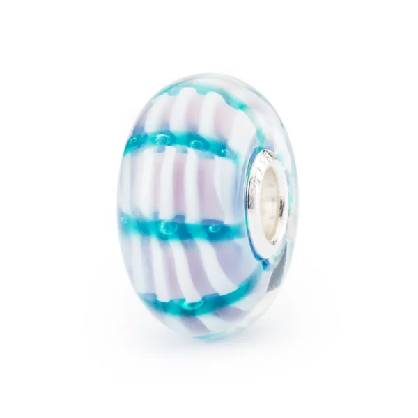 Bead Trollbeads Canto di Sirena in vetro striato bianco e azzurro con anima in argento 925.