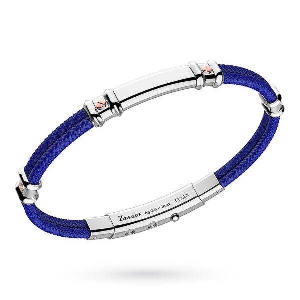 Bracciale Zancan in kevlar blu intenso con placca in argento 925 e viti in oro rosa 18kt.