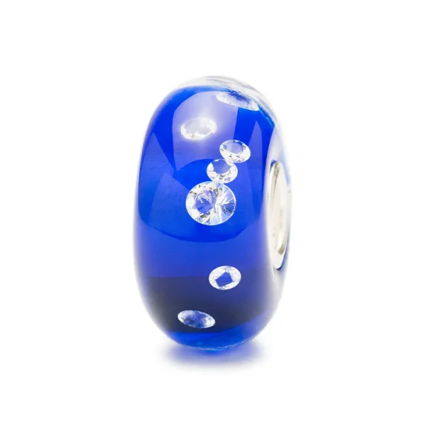 Bead Trollbeads Diamante blu universale in vetro blu intenso con 13 zirconi cubici scintillanti e anima in argento 925.