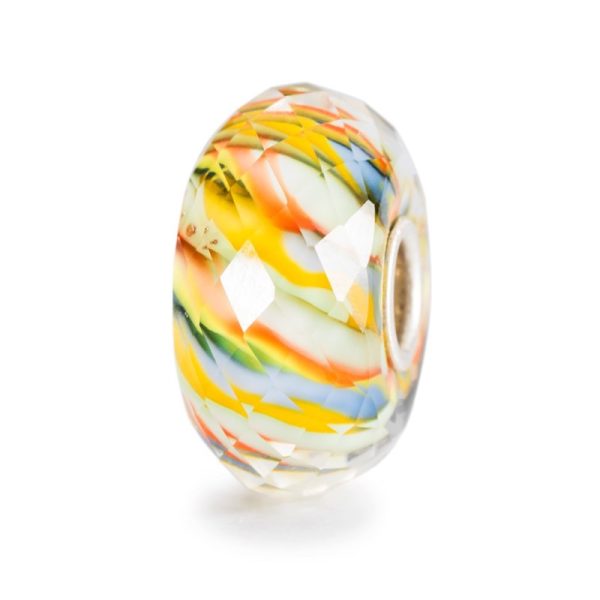 Bead Trollbeads Fiume della Vita in vetro sfaccettato con venature gialle, blu e arancioni e anima in argento 925.