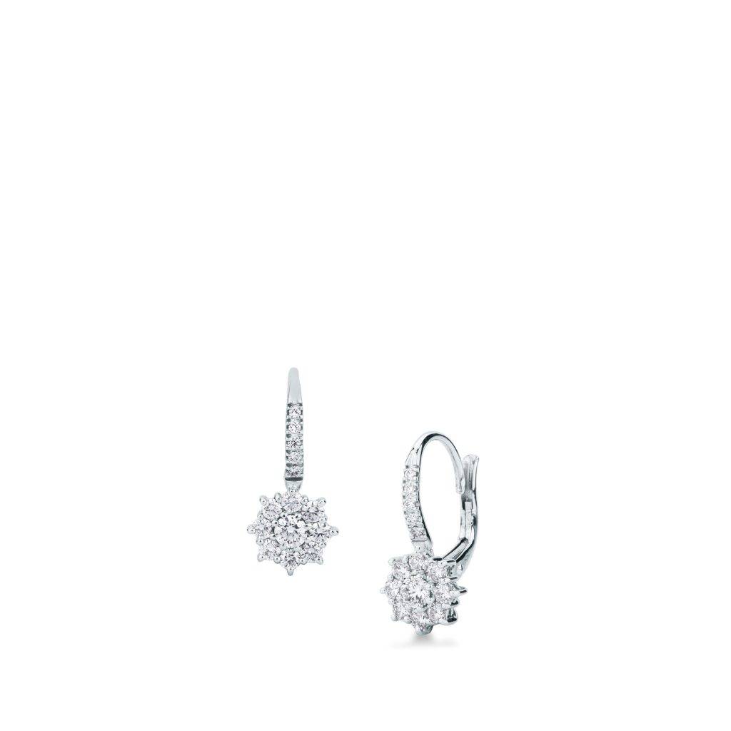 Orecchini A Fiore Con Diamanti centrali e doppio contorno luminoso a monachella in oro bianco di Mirco Visconti.