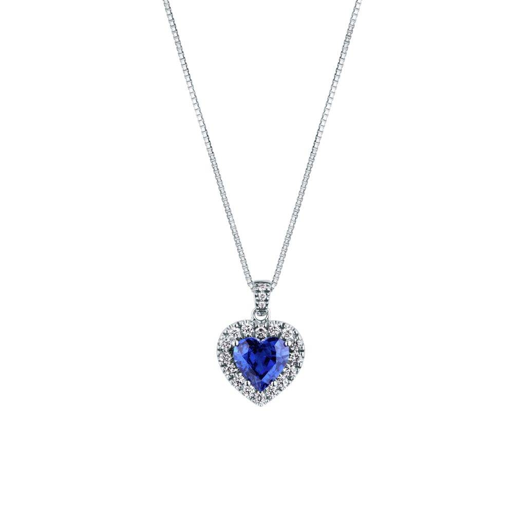 Girocollo A Cuore Con Zaffiro E Diamanti Mirco Visconti con pendente a cuore in oro bianco e contorno di brillanti.