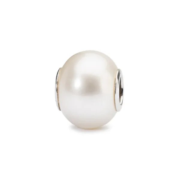 Bead Trollbeads Perla bianca naturale coltivata con anima e dettagli laterali in argento 925.