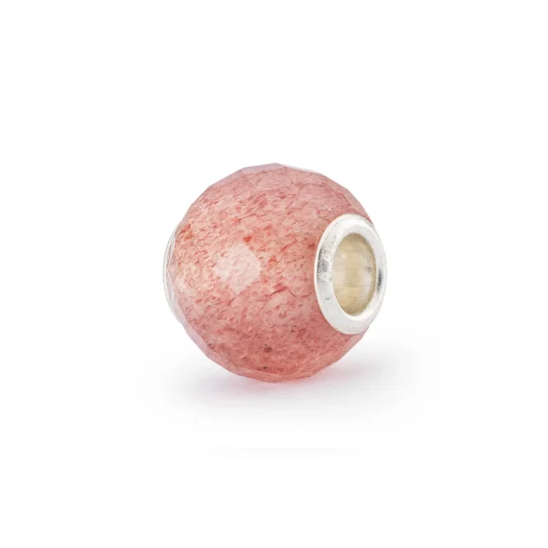 Bead Trollbeads Quarzo Fragola rotondo sfaccettato con anima in argento 925 e delicate inclusioni rosate.