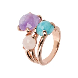 Anello trilogy Bronzallure multifilo in Golden Rosé con ametista, amazzonite e quarzo rosa naturale