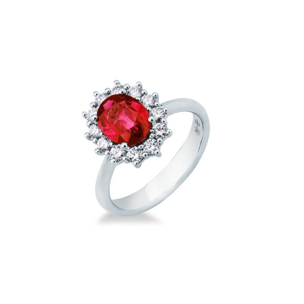 Anello Kate con rubino e diamanti taglio brillante Mirco Visconti in oro bianco