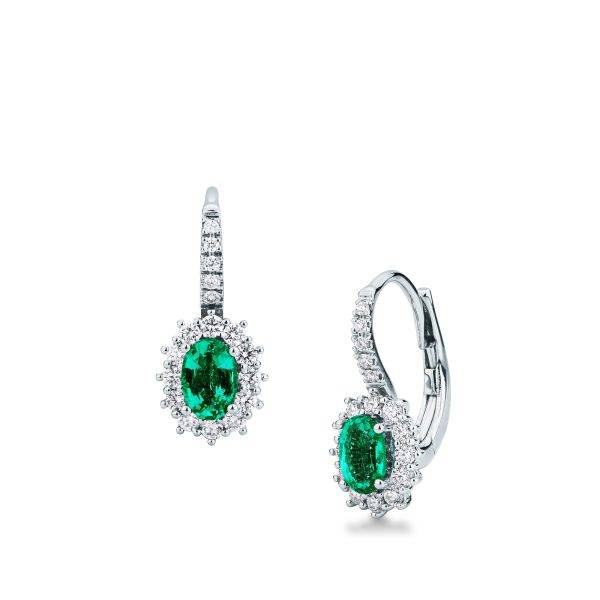 Eleganti Orecchini Mirco Visconti Smeraldo E Diamanti con montatura a monachella in oro bianco e diamanti.
