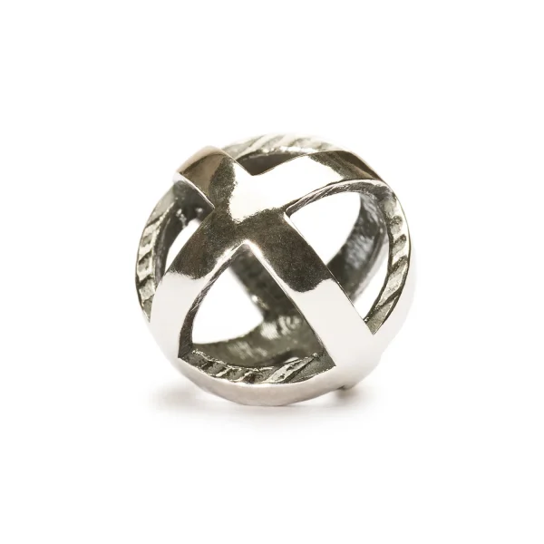 Bead Trollbeads Pensiero Positivo in argento 925 con struttura a croce sferica e dettagli bruniti.