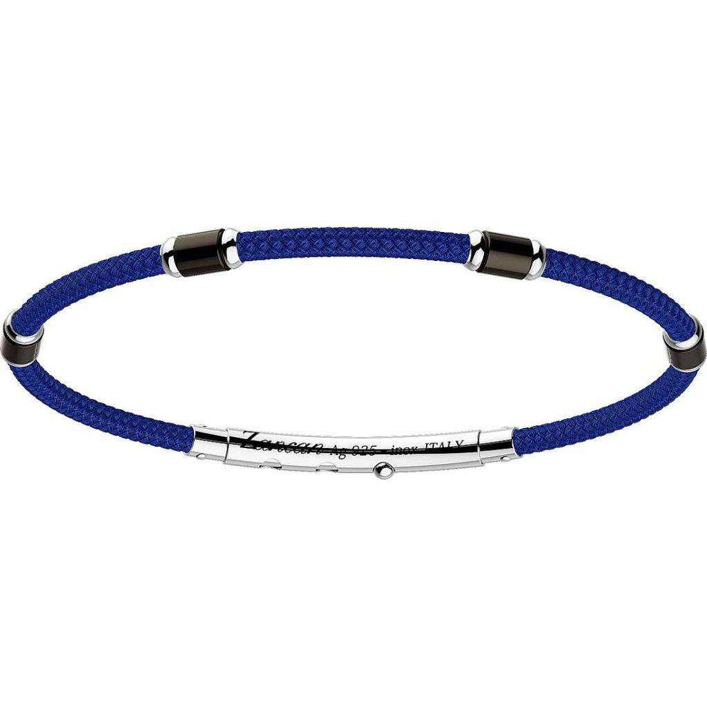 Bracciale Zancan in kevlar blu intrecciato con placca in argento PVD nero.