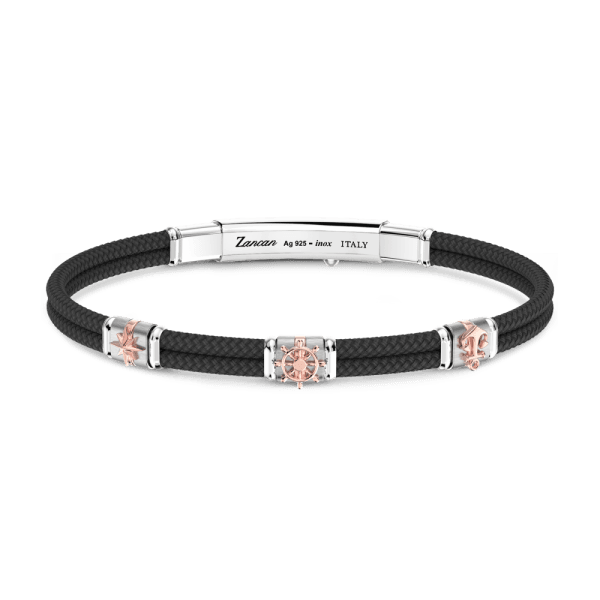 Bracciale Zancan in kevlar nero con inserti nautici in argento e oro rosa 18kt.