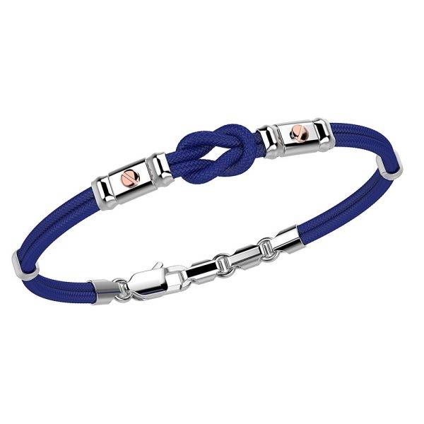 Bracciale Zancan in kevlar blu intenso con nodo piano centrale in argento e viti in oro rosa.