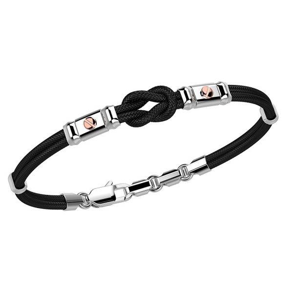 Bracciale Zancan in kevlar nero con nodo centrale in argento e dettagli viti in oro rosa.