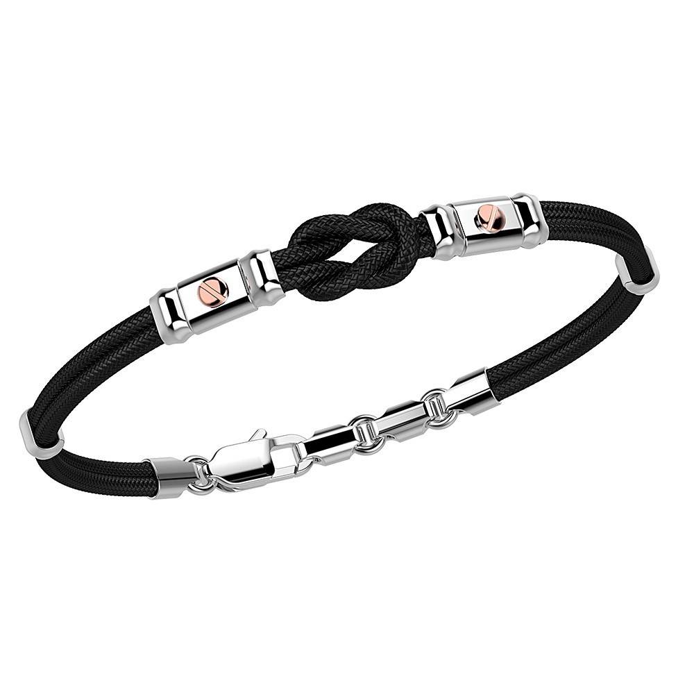 Bracciale Zancan in kevlar nero con nodo centrale in argento e dettagli viti in oro rosa.