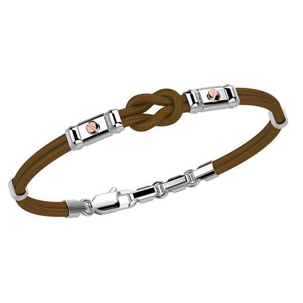 Bracciale Zancan in kevlar marrone, nodo piano in argento e dettagli in oro rosa.