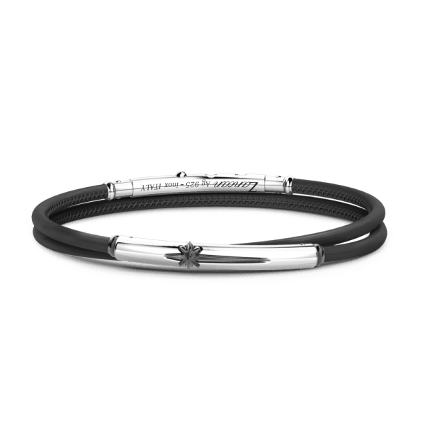Bracciale Zancan in pelle nera a doppio filo con piastrina centrale in argento e simbolo nautico.